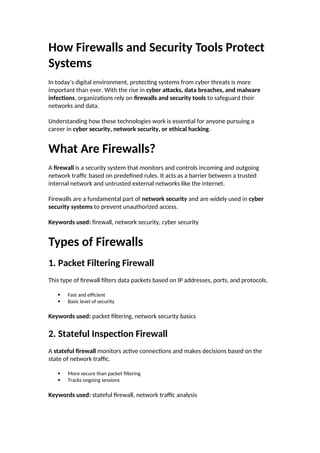 Comprehensive Guide to Firewalls and Security Tools in Cybersecurity | DOCX