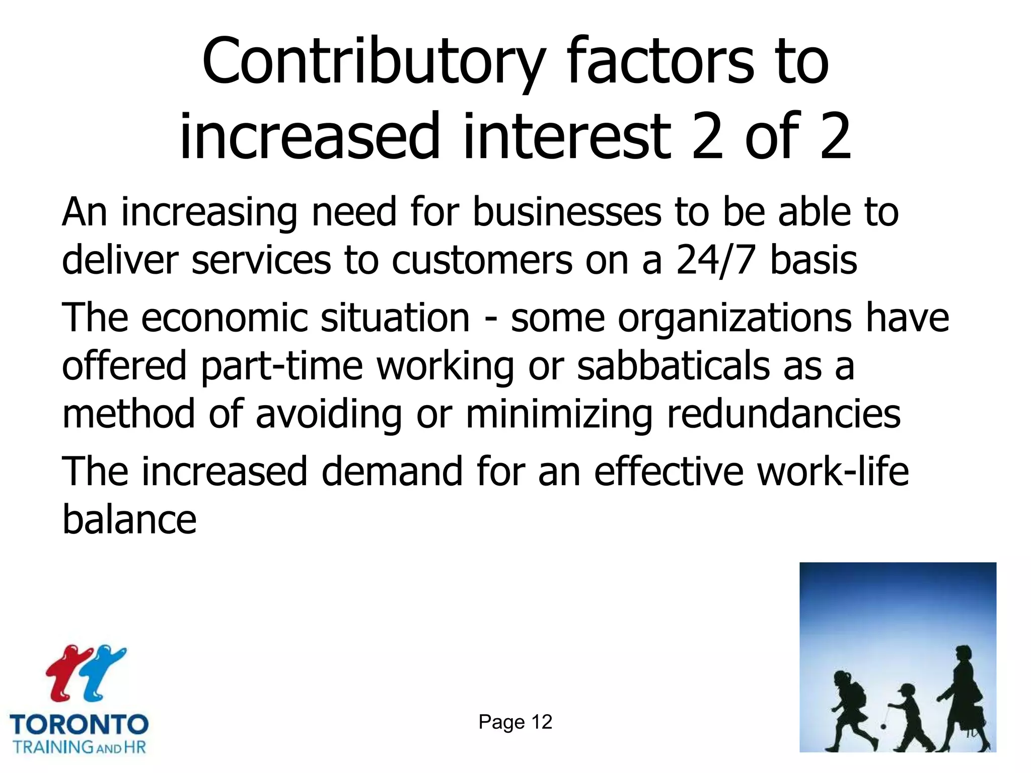 Contributory factors to
      increased interest 2 of 2
An increasing need for businesses to be able to
deliver services to customers on a 24/7 basis
The economic situation - some organizations have
offered part-time working or sabbaticals as a
method of avoiding or minimizing redundancies
The increased demand for an effective work-life
balance



                      Page 12
 