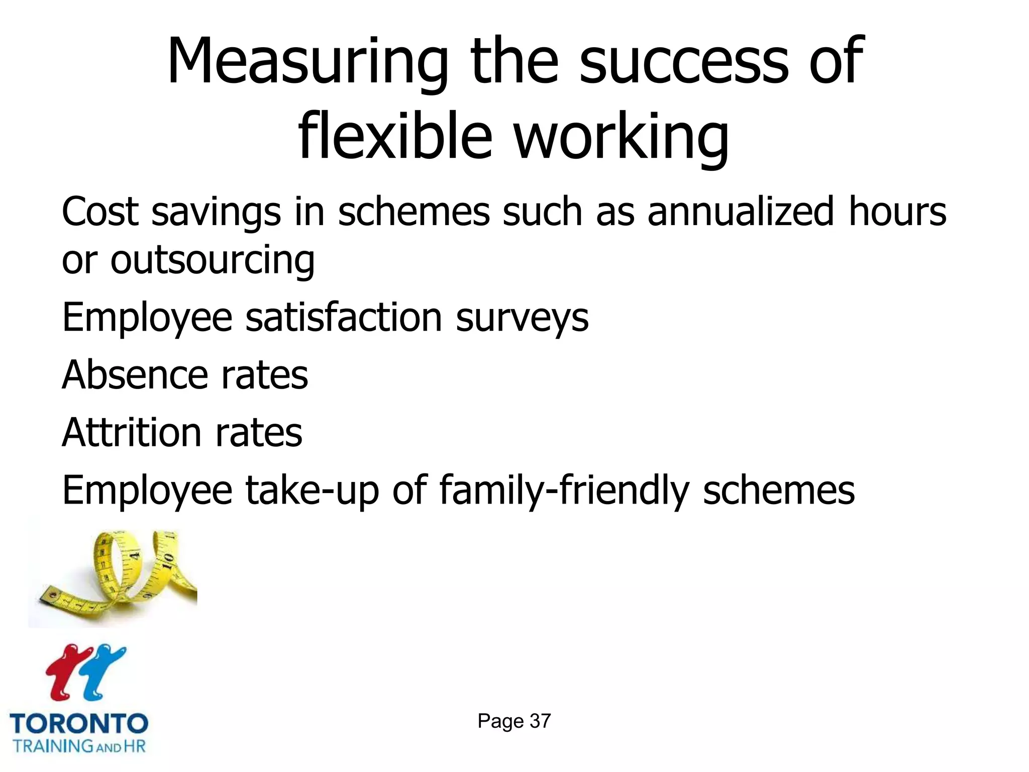 Measuring the success of
         flexible working
Cost savings in schemes such as annualized hours
or outsourcing
Employee satisfaction surveys
Absence rates
Attrition rates
Employee take-up of family-friendly schemes




                      Page 37
 