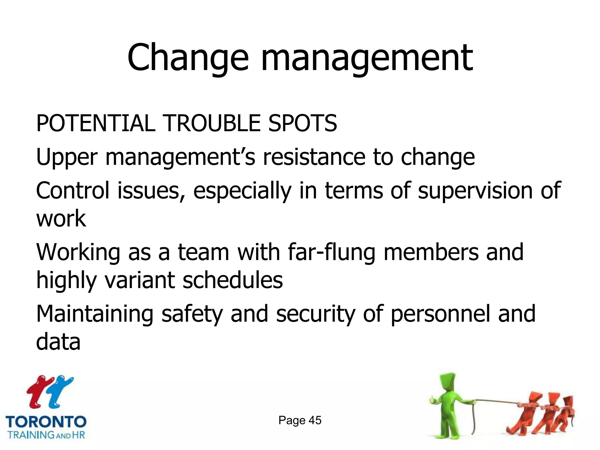 Change management
POTENTIAL TROUBLE SPOTS
Upper management‘s resistance to change
Control issues, especially in terms of supervision of
work
Working as a team with far-flung members and
highly variant schedules
Maintaining safety and security of personnel and
data


                        Page 45
 