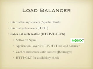 Load Balancer
• Internal binary services (Apache Thrift)
• Internal web services (HTTP)
• External web trafﬁc (HTTP/HTTPS)
    • Software: Nginx
    • Application Layer (HTTP/HTTPS) load balancer
    • Caches and serves static content (JS/images)
    • HTTP GET for availability check
 