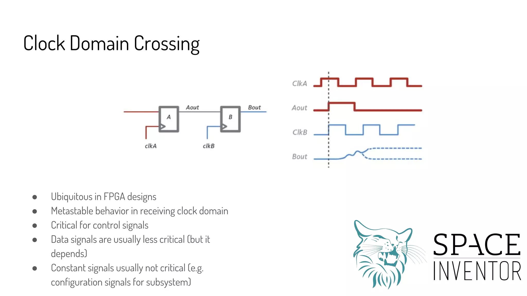 Clock Domain Crossing
● Ubiquitous in FPGA designs
● Metastable behavior in receiving clock domain
● Critical for control signals
● Data signals are usually less critical (but it
depends)
● Constant signals usually not critical (e.g.
configuration signals for subsystem)
 