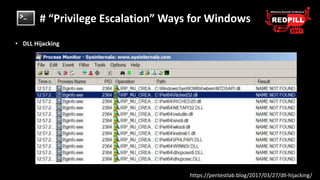 # “Privilege Escalation” Ways for Windows
• DLL Hijacking
https://pentestlab.blog/2017/03/27/dll-hijacking/
 