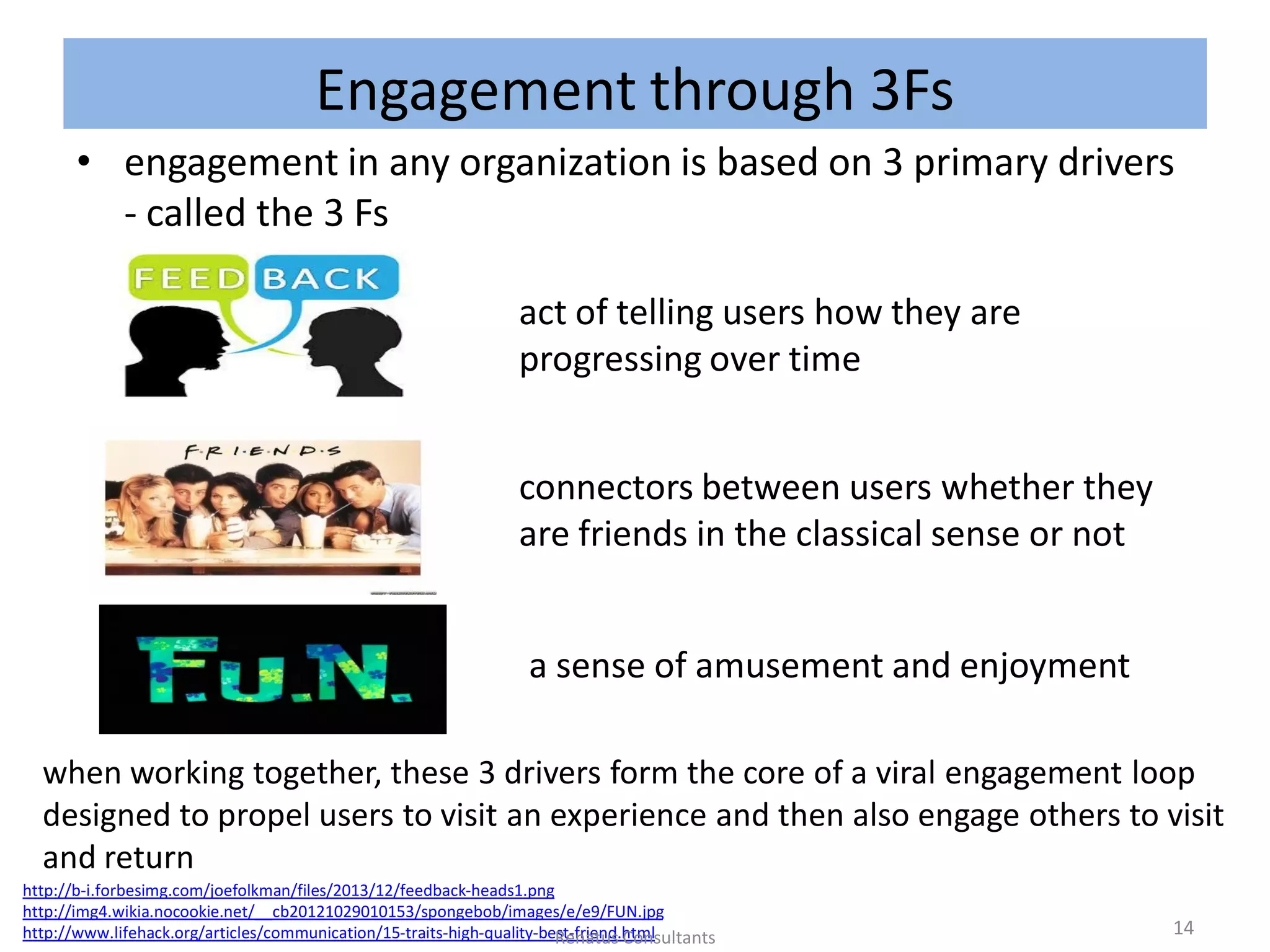 Engagement through 3Fs
• engagement in any organization is based on 3 primary drivers
- called the 3 Fs
http://b-i.forbesimg.com/joefolkman/files/2013/12/feedback-heads1.png
http://img4.wikia.nocookie.net/__cb20121029010153/spongebob/images/e/e9/FUN.jpg
http://www.lifehack.org/articles/communication/15-traits-high-quality-best-friend.html
act of telling users how they are
progressing over time
connectors between users whether they
are friends in the classical sense or not
a sense of amusement and enjoyment
when working together, these 3 drivers form the core of a viral engagement loop
designed to propel users to visit an experience and then also engage others to visit
and return
14Renatus Consultants
 