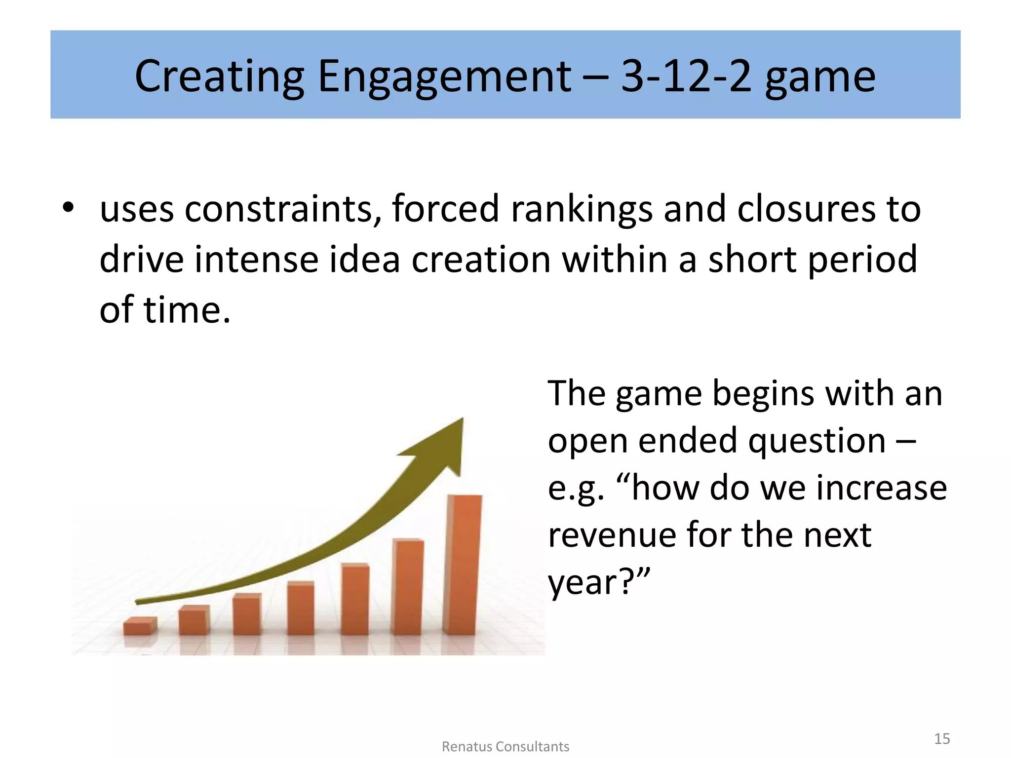 Creating Engagement – 3-12-2 game
• uses constraints, forced rankings and closures to
drive intense idea creation within a short period
of time.
The game begins with an
open ended question –
e.g. “how do we increase
revenue for the next
year?”
15Renatus Consultants
 