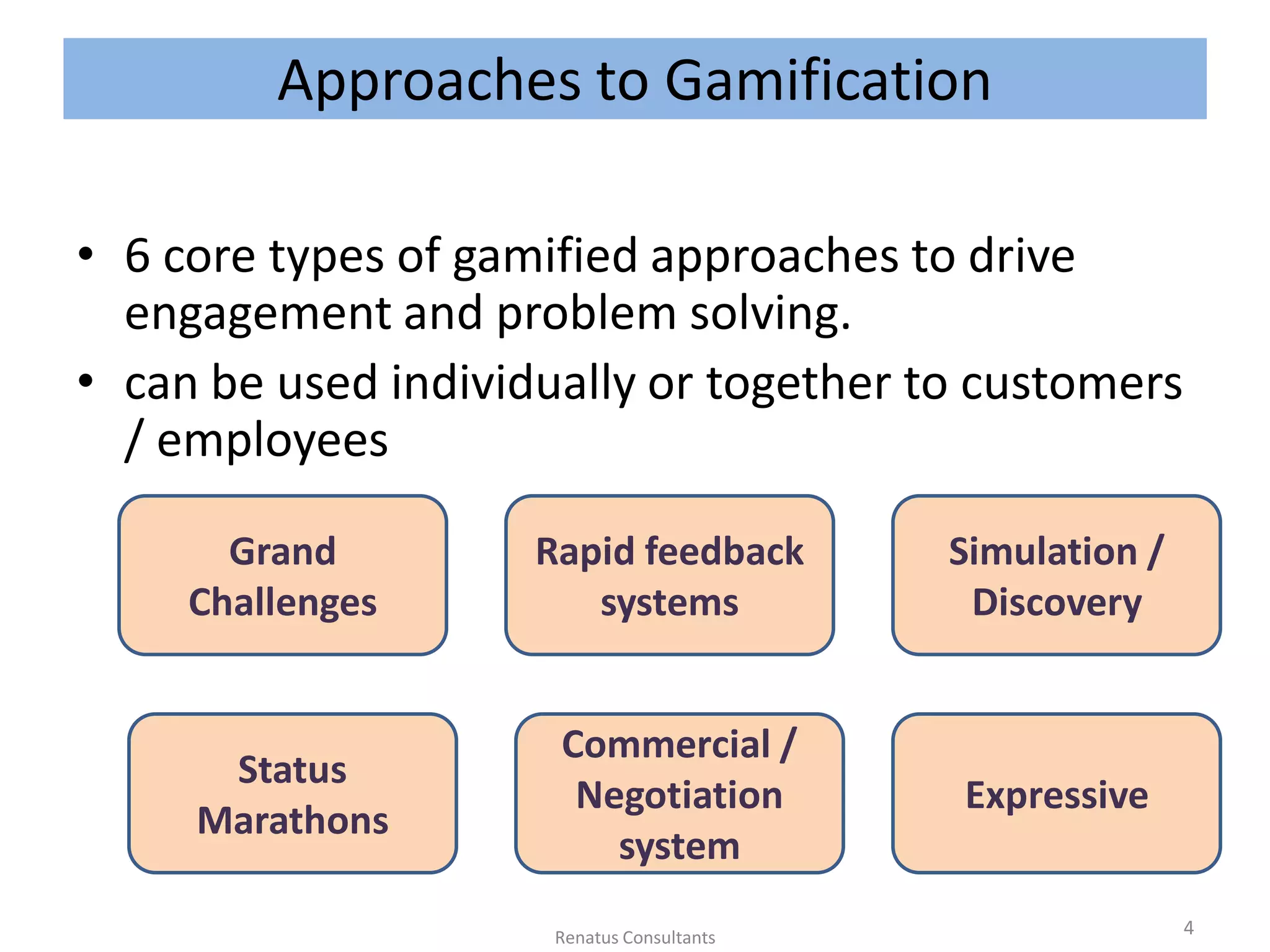 Approaches to Gamification
• 6 core types of gamified approaches to drive
engagement and problem solving.
• can be used individually or together to customers
/ employees
Commercial /
Negotiation
system
Grand
Challenges
Rapid feedback
systems
Simulation /
Discovery
Status
Marathons
Expressive
4Renatus Consultants
 