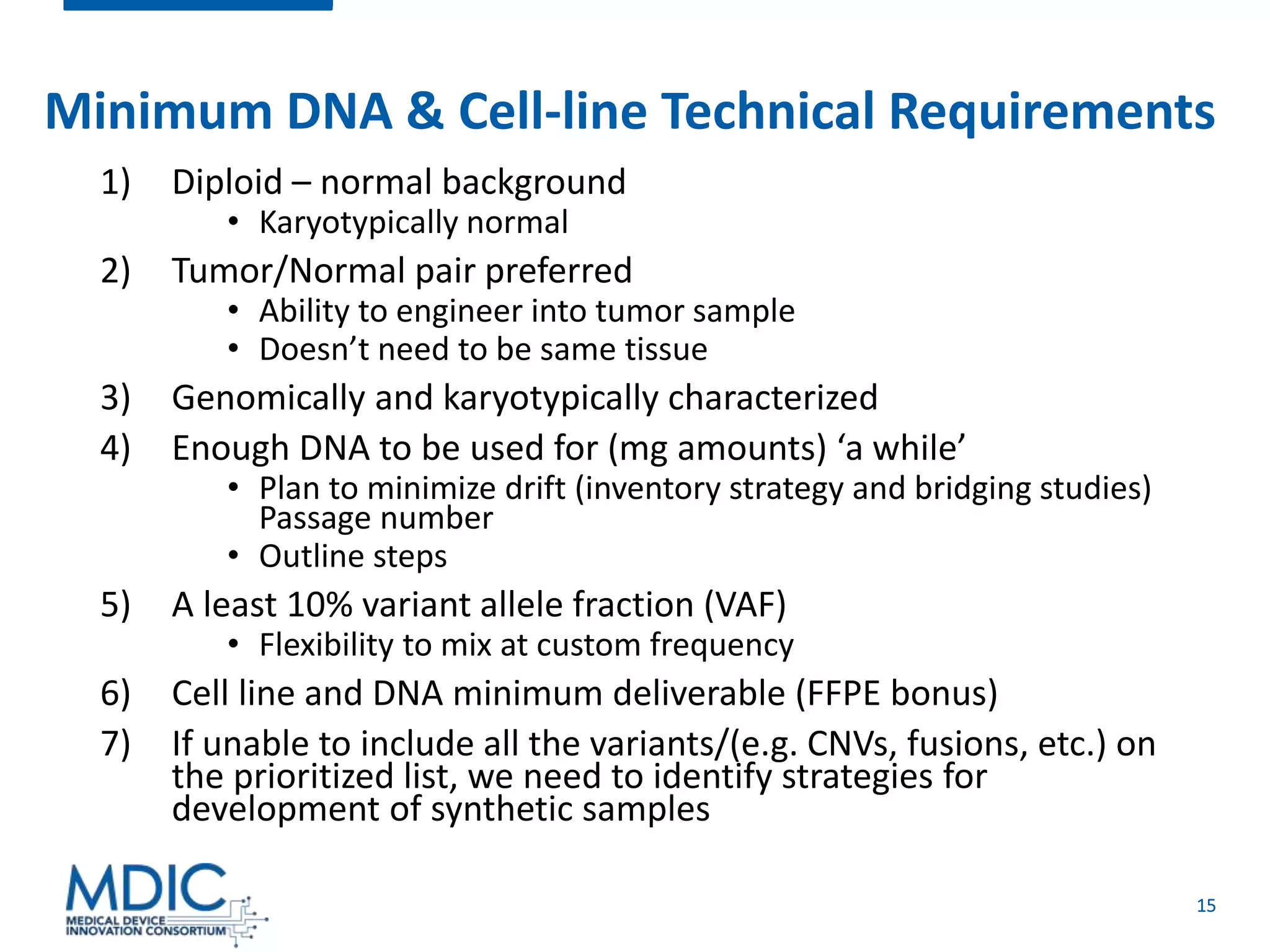 15
Minimum DNA & Cell-line Technical Requirements
1) Diploid – normal background
• Karyotypically normal
2) Tumor/Normal pair preferred
• Ability to engineer into tumor sample
• Doesn’t need to be same tissue
3) Genomically and karyotypically characterized
4) Enough DNA to be used for (mg amounts) ‘a while’
• Plan to minimize drift (inventory strategy and bridging studies)
Passage number
• Outline steps
5) A least 10% variant allele fraction (VAF)
• Flexibility to mix at custom frequency
6) Cell line and DNA minimum deliverable (FFPE bonus)
7) If unable to include all the variants/(e.g. CNVs, fusions, etc.) on
the prioritized list, we need to identify strategies for
development of synthetic samples
 