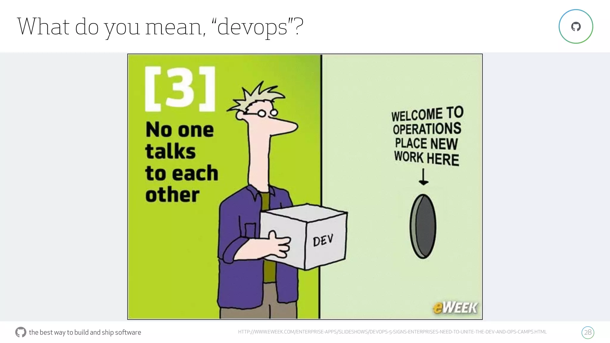 the best way to build and ship software
What do you mean, “devops”?
28
"
HTTP://WWW.EWEEK.COM/ENTERPRISE-APPS/SLIDESHOWS/DEVOPS-5-SIGNS-ENTERPRISES-NEED-TO-UNITE-THE-DEV-AND-OPS-CAMPS.HTML
 