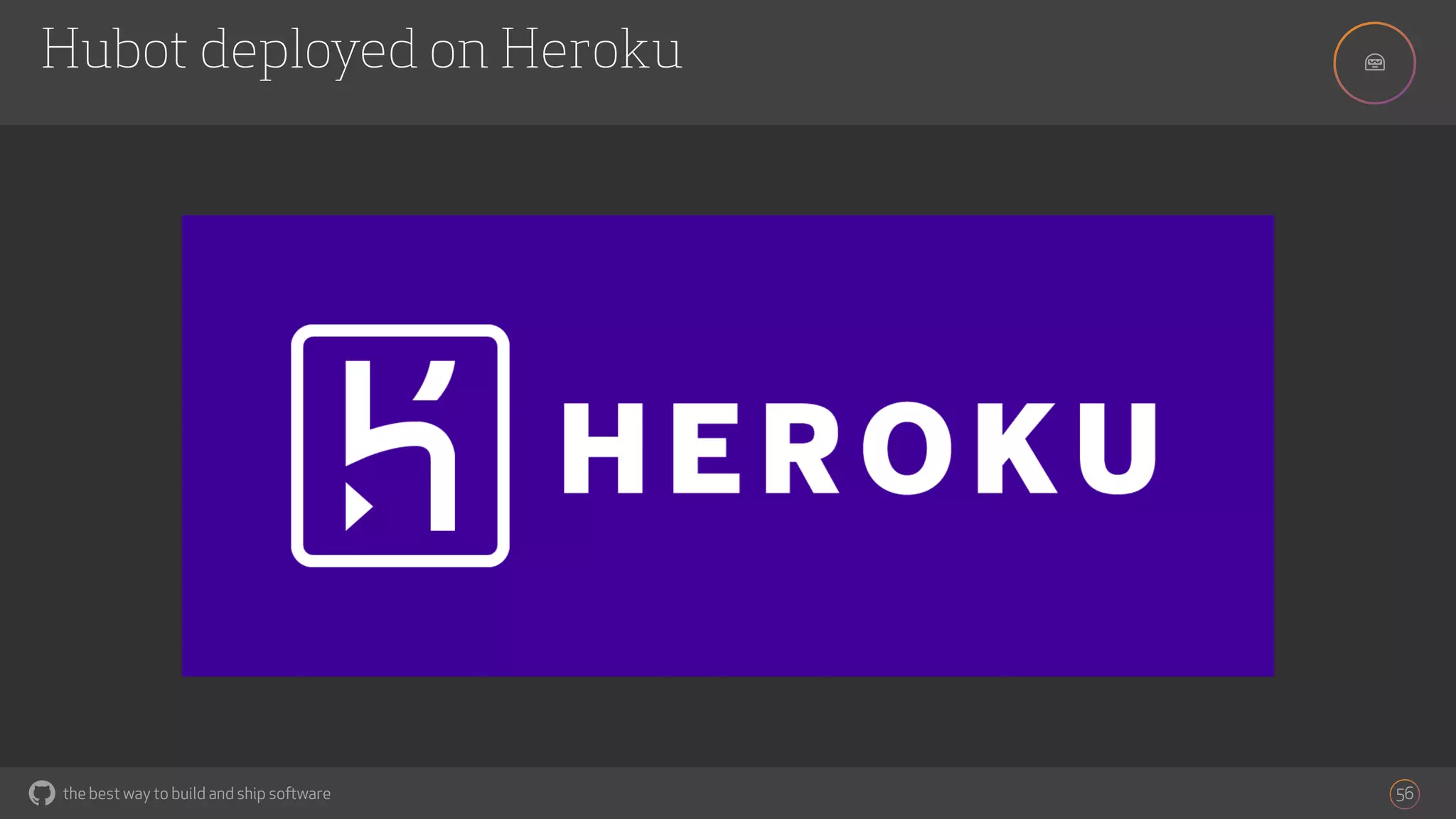 the best way to build and ship software
'Hubot deployed on Heroku
56
 