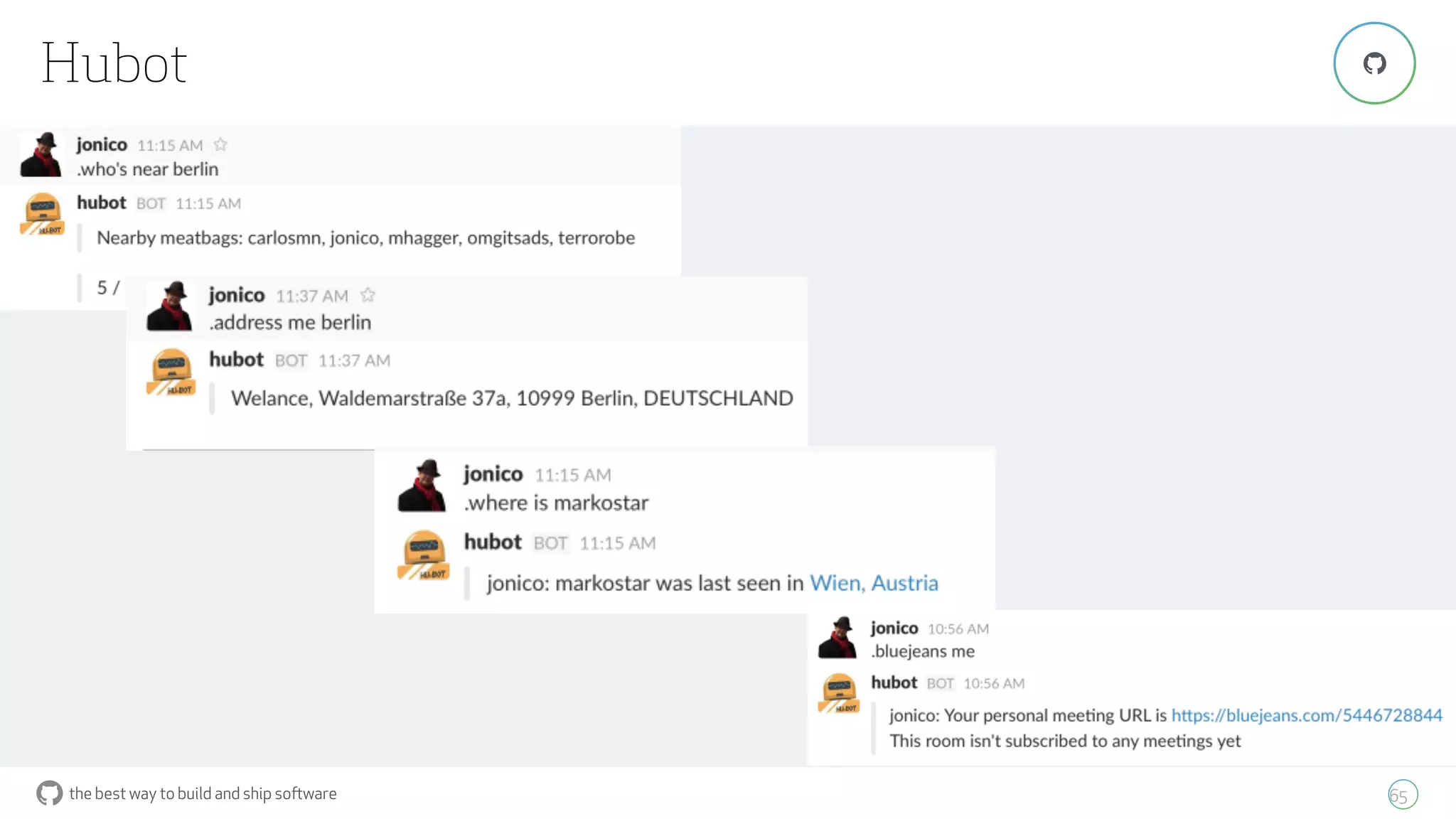 the best way to build and ship software
Hubot
65
"
 