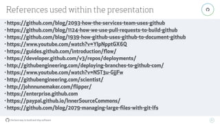 the best way to build and ship software
References used within the presentation
61
"
• https://github.com/blog/2093-how-the-services-team-uses-github
• https://github.com/blog/1124-how-we-use-pull-requests-to-build-github
• https://github.com/blog/1939-how-github-uses-github-to-document-github
• https://www.youtube.com/watch?v=YIpNpptGX6Q
• https://guides.github.com/introduction/ﬂow/
• https://developer.github.com/v3/repos/deployments/
• http://githubengineering.com/deploying-branches-to-github-com/
• https://www.youtube.com/watch?v=NST3u-GjjFw
• http://githubengineering.com/scientist/
• http://johnnunemaker.com/ﬂipper/
• https://enterprise.github.com
• https://paypal.github.io/InnerSourceCommons/
• https://github.com/blog/2079-managing-large-ﬁles-with-git-lfs
 
