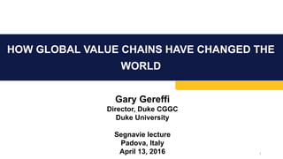 GLOBAL VALUE CHAINS AND THE
CHANGING GEOGRAPHY OF DEVELOPMENT
1
Gary Gereffi
Director, Duke CGGC
Duke University
Segnavie lecture
Padova, Italy
April 13, 2016
 