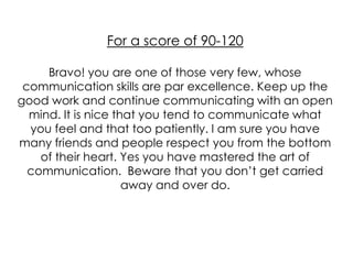 For a score of 90-120

     Bravo! you are one of those very few, whose
 communication skills are par excellence. Keep up the
good work and continue communicating with an open
  mind. It is nice that you tend to communicate what
  you feel and that too patiently. I am sure you have
many friends and people respect you from the bottom
    of their heart. Yes you have mastered the art of
  communication. Beware that you don’t get carried
                     away and over do.
 