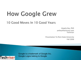 How Google Grew 10 Good Moves In 10 Good Years Angela Hey, PhD amhey@techviser.comTechviser Presentation To Penn State University  Fall 2008 Google is a trademark of Google Inc. Google Logos belong to Google 