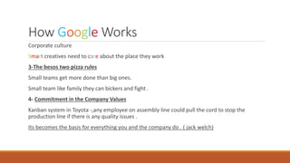 How Google Works
Corporate culture
Smart creatives need to care about the place they work
3-The besos two pizza rules
Small teams get more done than big ones.
Small team like family they can bickers and fight .
4- Commitment in the Company Values
Kanban system in Toyota -,any employee on assembly line could pull the cord to stop the
production line if there is any quality issues .
Its becomes the basis for everything you and the company do . ( jack welch)
 