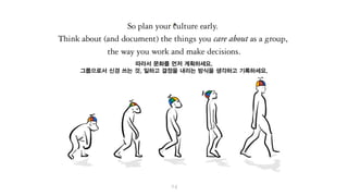 그렇기에 일찍 문화를 계획하세요.
여러분이 그룹으로서 신경 쓰는 것,
일하고 결정을 내리는 방식을 생각하고 기록하세요.
 
