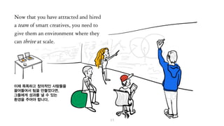 이제 똑똑하고 창의적인 사람들을
끌어들여서 팀을 만들었다면,
그들에게 성과를 낼 수 있는
환경을 주어야 합니다.
 