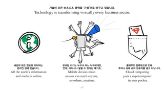 기술이 거의 모든 비즈니스 영역을 바꾸고 있습니다.
세상의 모든 정보와 미디어는
온라인 상에 있습니다.
모바일 기기로 어느 누구에게든,
언제, 어디서나 닿을 수 있습니다.
클라우드 컴퓨팅으로 인해
주머니 속에 슈퍼 컴퓨터를 넣고 다닙니다.
 