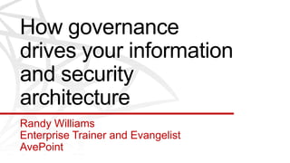 How governance
drives your information
and security
architecture
Randy Williams
Enterprise Trainer and Evangelist
AvePoint
 