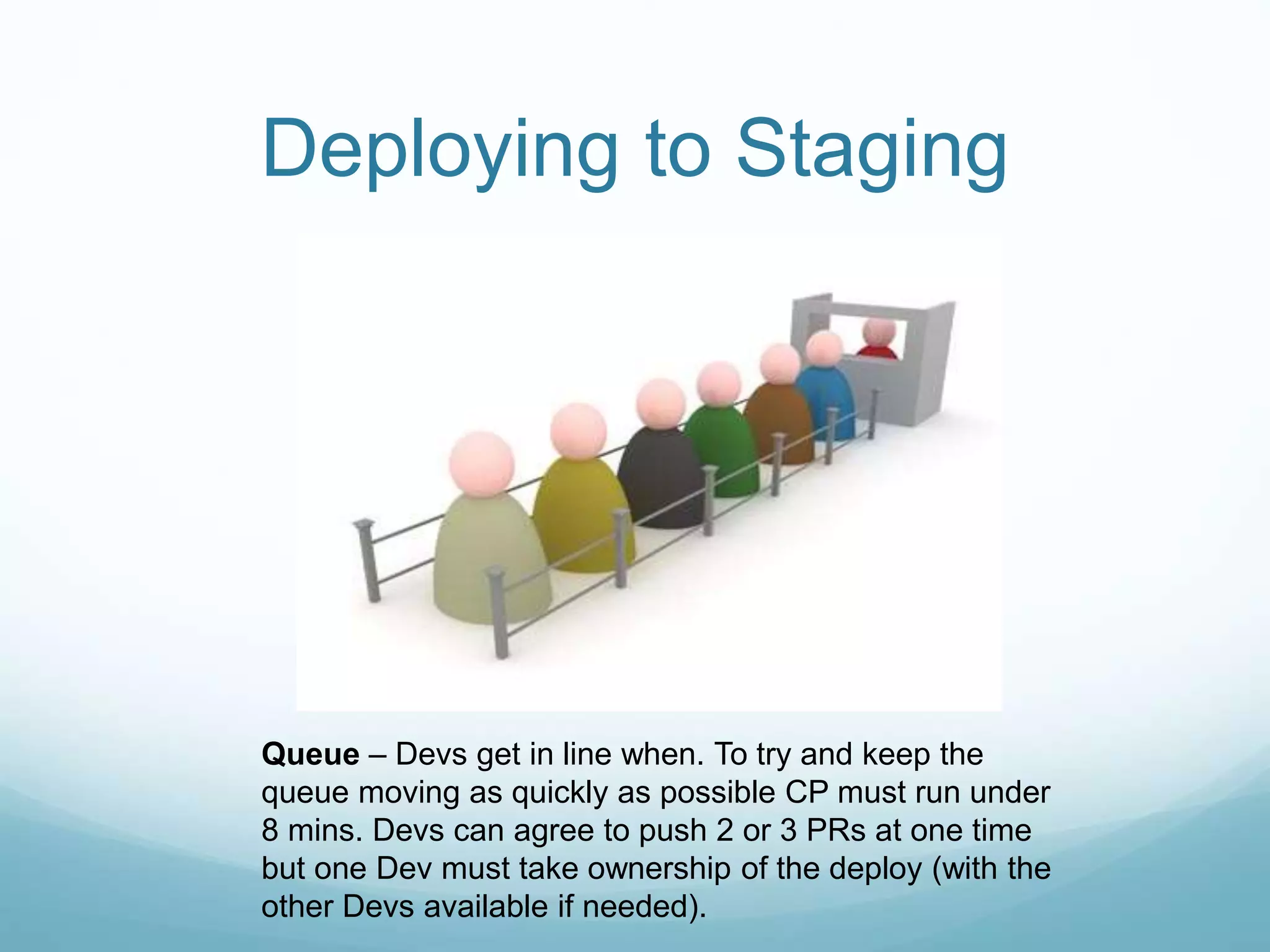 Deploying to Staging
Queue – Devs get in line when. To try and keep the
queue moving as quickly as possible CP must run under
8 mins. Devs can agree to push 2 or 3 PRs at one time
but one Dev must take ownership of the deploy (with the
other Devs available if needed).
 