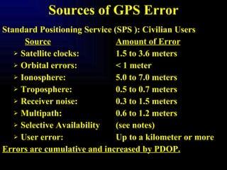 Sources of GPS Error Standard Positioning Service (SPS ): Civilian Users Source Amount of Error Satellite clocks: 1.5 to 3.6 meters Orbital errors: < 1 meter Ionosphere: 5.0 to 7.0 meters Troposphere: 0.5 to 0.7 meters Receiver noise: 0.3 to 1.5 meters Multipath: 0.6 to 1.2 meters Selective Availability (see notes) User error: Up to a kilometer or more Errors are cumulative and increased by PDOP. 