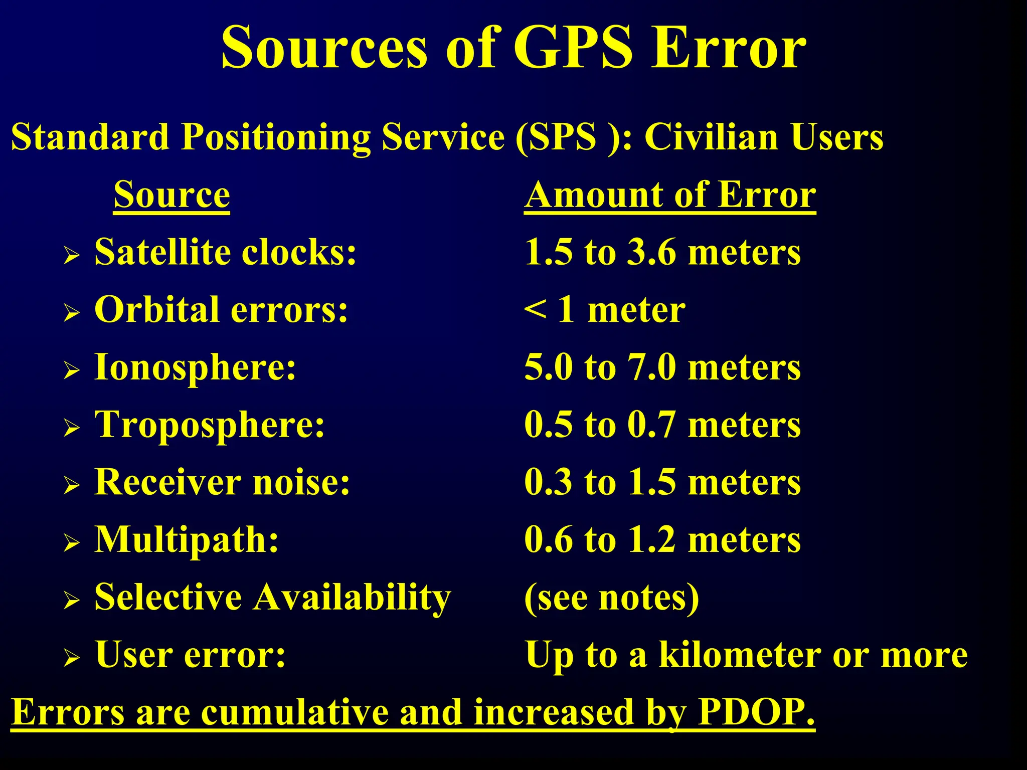 Sources of GPS Error
Standard Positioning Service (SPS ): Civilian Users
Source Amount of Error
 Satellite clocks: 1.5 to 3.6 meters
 Orbital errors: < 1 meter
 Ionosphere: 5.0 to 7.0 meters
 Troposphere: 0.5 to 0.7 meters
 Receiver noise: 0.3 to 1.5 meters
 Multipath: 0.6 to 1.2 meters
 Selective Availability (see notes)
 User error: Up to a kilometer or more
Errors are cumulative and increased by PDOP.
 