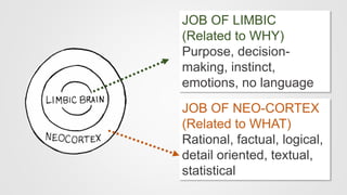 JOB OF NEO-CORTEX
(Related to WHAT)
Rational, factual, logical,
detail oriented, textual,
statistical
JOB OF LIMBIC
(Related to WHY)
Purpose, decision-
making, instinct,
emotions, no language
 