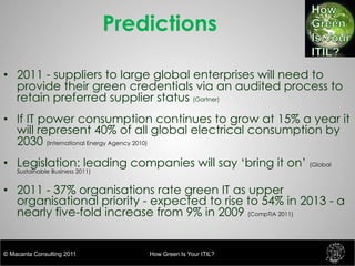 Predictions

•  2011 - suppliers to large global enterprises will need to
   provide their green credentials via an audite...