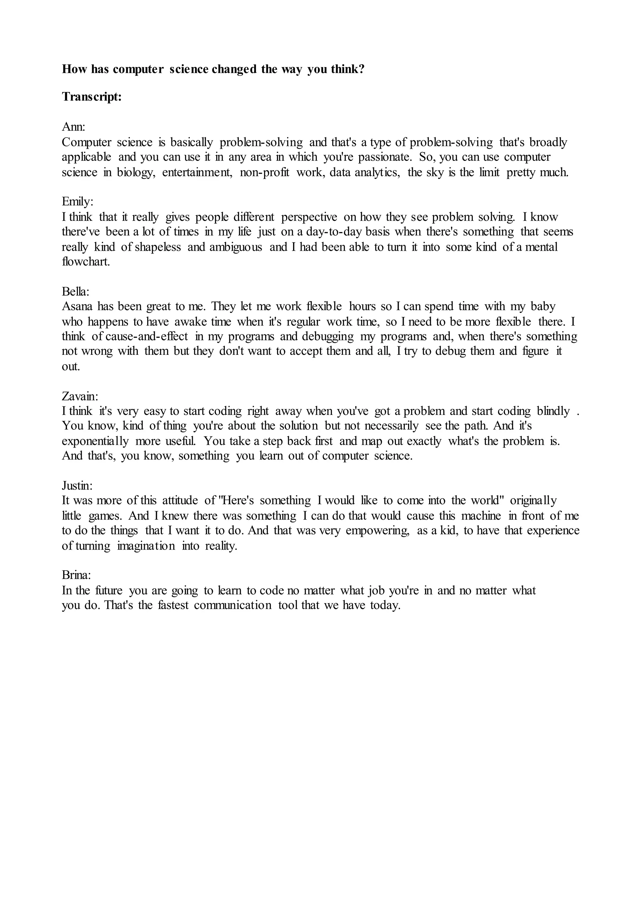 How has computer science changed the way you think transcript PDF