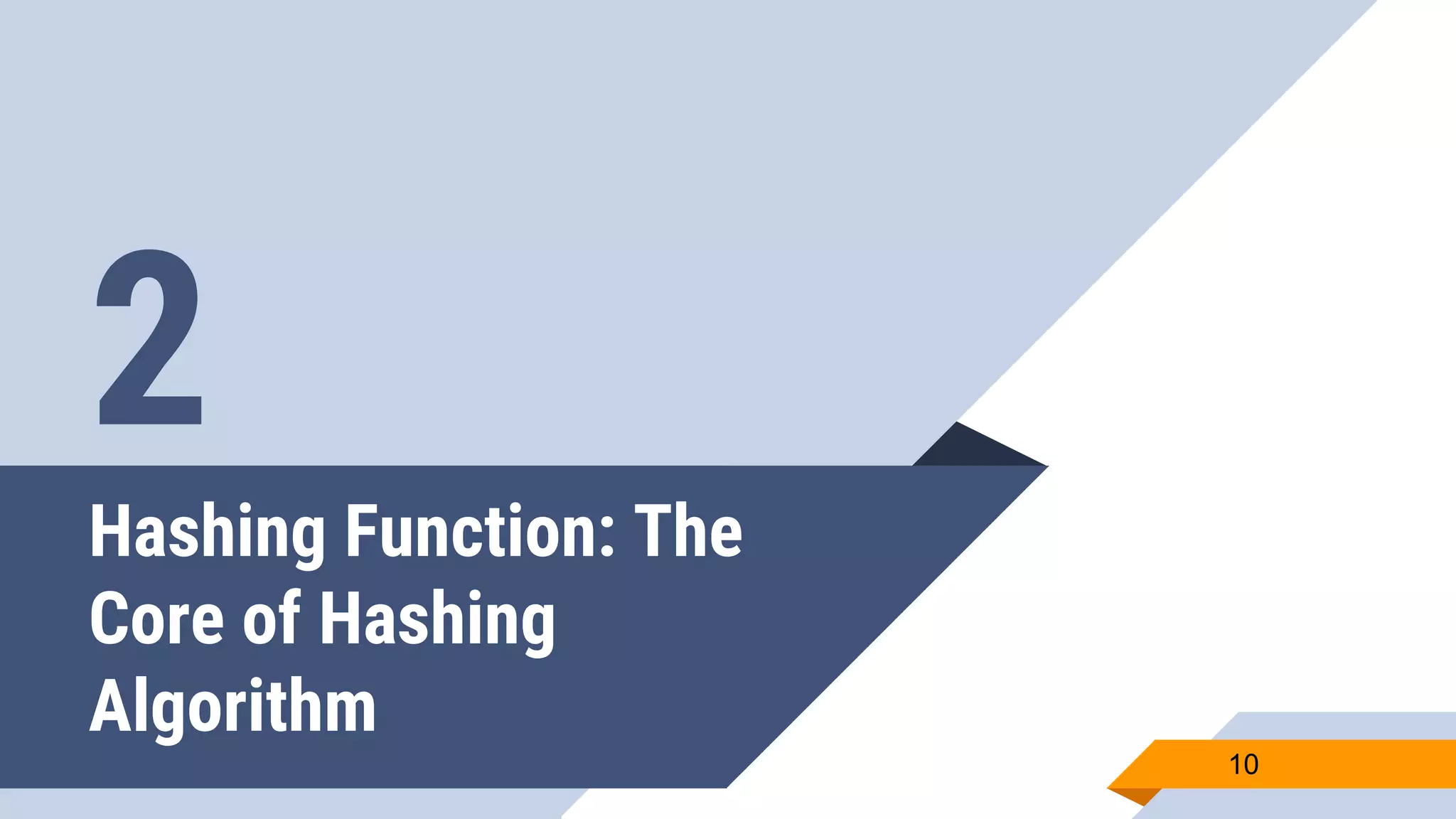 Hashing Function: The
Core of Hashing
Algorithm
10
2
 