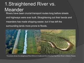 1.Straightened River vs.
Meander
Rivers have been crucial transport routes long before streets
and highways were ever built. Straightening out their bends and
meanders has made shipping easier, but it has left the
surrounding lands more prone to floods.
 