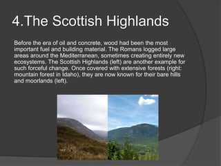 4.The Scottish Highlands
Before the era of oil and concrete, wood had been the most
important fuel and building material. The Romans logged large
areas around the Mediterranean, sometimes creating entirely new
ecosystems. The Scottish Highlands (left) are another example for
such forceful change. Once covered with extensive forests (right:
mountain forest in Idaho), they are now known for their bare hills
and moorlands (left).
 