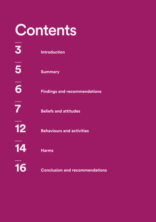 Contents
3	 Introduction
5	 Summary
6	 Findings and recommendations
7	 Beliefs and attitudes
12	 Behaviours and activities
14	 Harms
16	 Conclusion and recommendations
 
