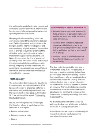 4
Commission for Countering Extremism
the scale and impact of extremist content and
developing counter-extremism interventions
has become challenging now that extremists
operate predominantly online.
Many organisations are doing important
work to understand the relationship between
the COVID-19 pandemic and extremism. By
bringing existing information together and
commissioning original research, these notes
seek to provide an overview of some of the
attitudes, beliefs and extremist activities
that are taking place across England and
Wales. It represents the first of a series of
quarterly notes which will collate and analyse
this information to help practitioners, civil
society and policy makers understand the
current and emerging picture around hateful
extremism and work towards developing a
more effective response.
Methodology
The independent Commission for Countering
Extremism was established in March 2018
to support society to challenge all forms of
extremism and provide impartial advice to
the Government on new policies. In October
2019 we published the report, Challenging
Hateful Extremism.
We are presenting the data according to
the three key pillars of hateful extremism
identified in that report:
•	 Beliefs and attitudes
•	 Behaviours and activity
•	 Harms
11	
Please email info@extremismcommission.indepedent.gov.uk to provide feedback
Our summary of hateful extremism is:
•	 Behaviours that can incite and amplify
hate, or engage in persistent hatred, or
equivocate about and make the moral
case for violence;
•	 And that draw on hateful, hostile or
supremacist beliefs directed at an
out‑group who are perceived as a threat
to the wellbeing, survival or success of
an in-group;
•	 And that cause, or are likely to cause
harm to individuals, communities or
wider society.
The data collection period for this note is
1 March to 5 June 2020. The data used in
this note is publicly available, but we have
also included information directly sourced
from practitioners who are working in local
communities across the country. The data
collected in this note is not an exhaustive
list of extremist activity but seeks to provide
an overview. There is limited data available
to assess the scale and harm of extremist
activity and we continue to encourage the
Government to develop a strategy that seeks
to address this.
As this note is the first in the series, we
welcome feedback on what might be helpful
to include in subsequent versions.11
In addition to this we hope to include original
research to identify hateful extremist
narratives in our next note.
 