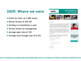 2009: Where we were Email list static at 2,500 names Online income of £55,767 Sending 4 e-newsletters a year Ad-hoc emails for emergencies Average open rate of 14% Average click through rate of 0.75% 