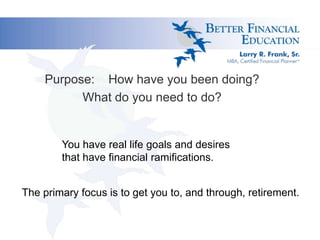 Purpose: How have you been doing?
What do you need to do?

You have real life goals and desires
that have financial ramifications.

The primary focus is to get you to, and through, retirement.

 