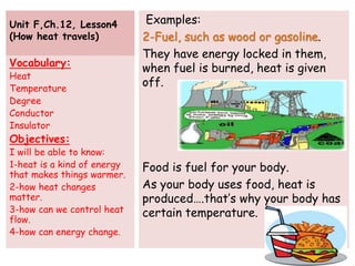 Unit F,Ch.12, Lesson4
(How heat travels)
Examples:
2-Fuel, such as wood or gasoline.
They have energy locked in them,
when fuel is burned, heat is given
off.
Food is fuel for your body.
As your body uses food, heat is
produced….that’s why your body has
certain temperature.
Vocabulary:
Heat
Temperature
Degree
Conductor
Insulator
Objectives:
I will be able to know:
1-heat is a kind of energy
that makes things warmer.
2-how heat changes
matter.
3-how can we control heat
flow.
4-how can energy change.
21
 