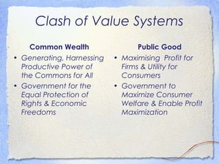 Clash of Value Systems
    Common Wealth                Public Good
• Generating, Harnessing   • Maximising Profit for
  Productive Power of        Firms & Utility for
  the Commons for All        Consumers
• Government for the       • Government to
  Equal Protection of        Maximize Consumer
  Rights & Economic          Welfare & Enable Profit
  Freedoms                   Maximization
 