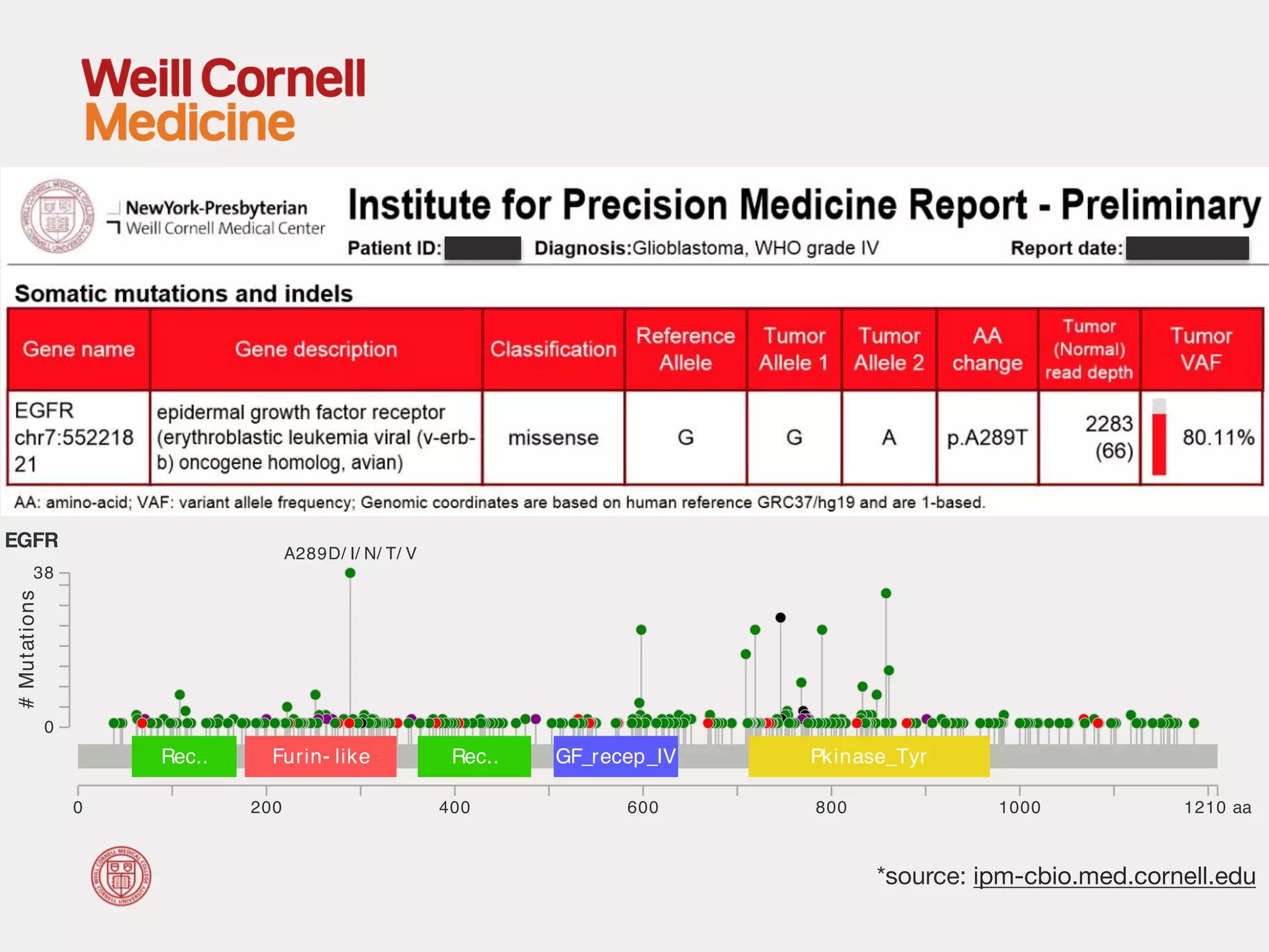 0 200 400 600 800 1000 1210 aa
0
38
#Mutations
EGFR
A289D/ I/ N/ T/ V
Rec.. Furin- like Rec.. GF_recep_IV Pkinase_Tyr
*source: ipm-cbio.med.cornell.edu
 