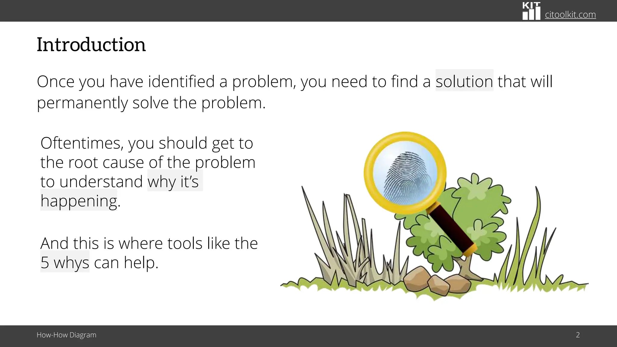 citoolkit.com
Introduction
Once you have identified a problem, you need to find a solution that will
permanently solve the problem.
Oftentimes, you should get to
the root cause of the problem
to understand why it’s
happening.
And this is where tools like the
5 whys can help.
How-How Diagram 2
 