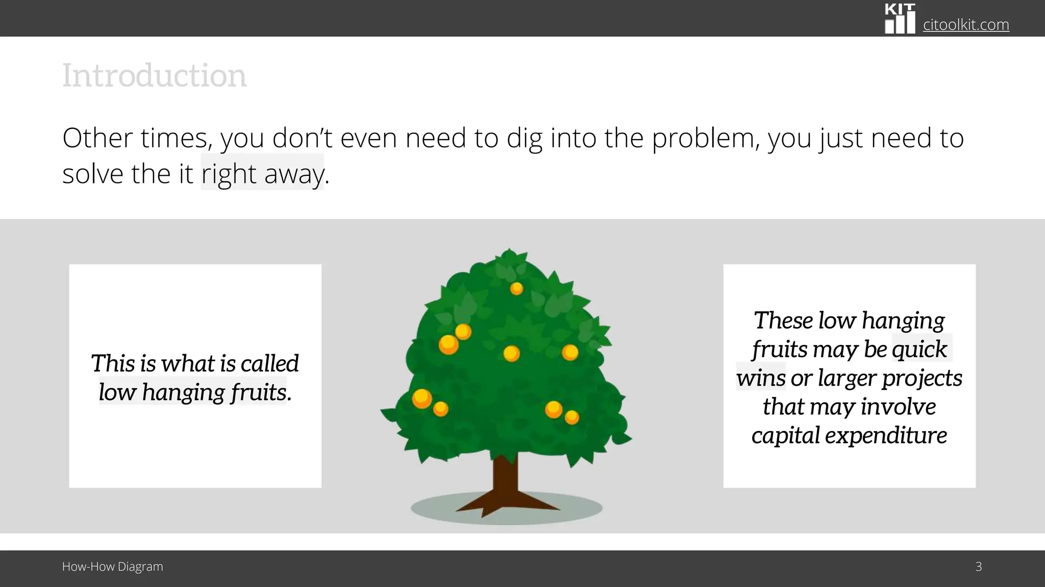 citoolkit.com
Introduction
Other times, you don’t even need to dig into the problem, you just need to
solve the it right away.
How-How Diagram 3
This is what is called
low hanging fruits.
These low hanging
fruits may be quick
wins or larger projects
that may involve
capital expenditure
 