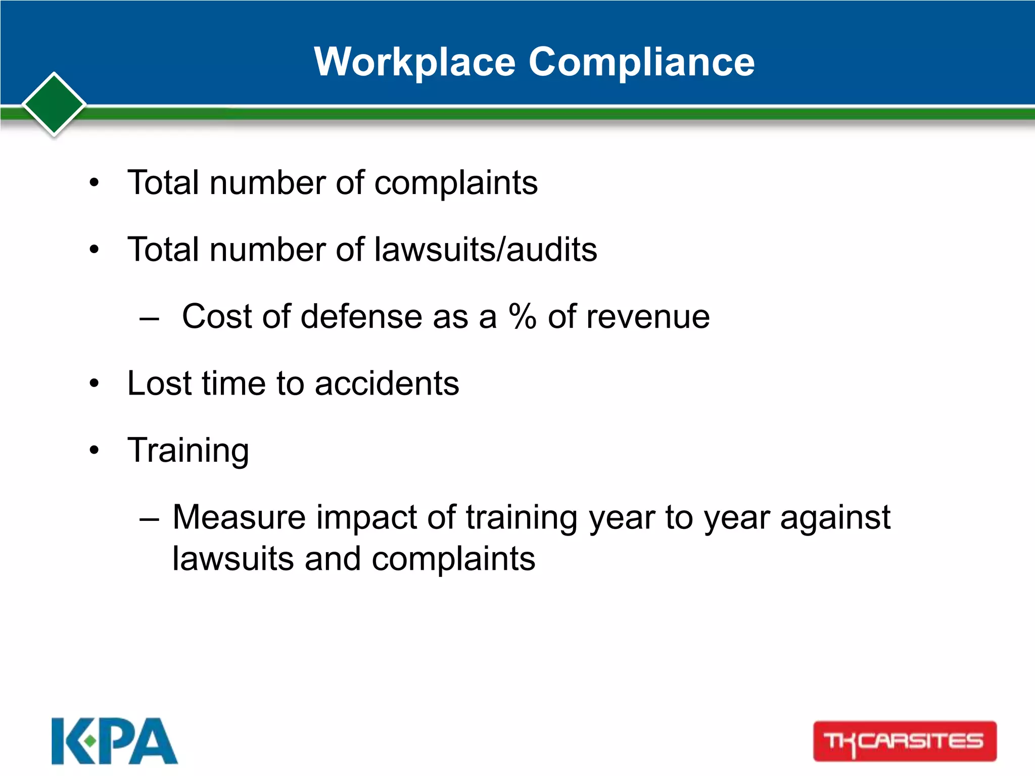 Workplace Compliance
• Total number of complaints
• Total number of lawsuits/audits
– Cost of defense as a % of revenue
• Lost time to accidents
• Training
– Measure impact of training year to year against
lawsuits and complaints
 