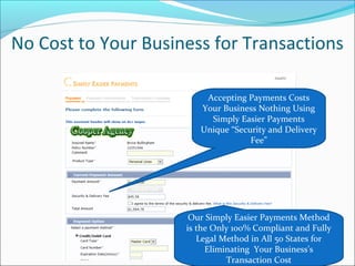 No Cost to Your Business for Transactions
Accepting Payments Costs
Your Business Nothing Using
Simply Easier Payments
Unique “Security and Delivery
Fee”
Our Simply Easier Payments Method
is the Only 100% Compliant and Fully
Legal Method in All 50 States for
Eliminating Your Business’s
Transaction Cost
 
