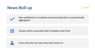 News Roll-up
New published on a hubsites and associated sites is automatically
aggregated
Choose which associated sites to display news from
Users will only see news they have access to
 