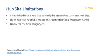 Hub Site Limitations
• Sites linked into a hub site can only be associated with one hub site.
• Hubs can’t be nested, limiting their potential for a corporate portal
• No fix for multiple languages
Source, Sam Marshall: https://www.cmswire.com/digital-workplace/hub-sites-raise-sharepoints-
intranet-potential/
 