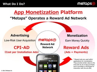 What Do I Do?


                    App Monetization Platform
             “Metaps” Operates a Reward Ad Network



      ...