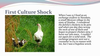 First Culture Shock When I was 15 I lived as an
exchange student in Navolato,
a small Mexican village in the
state of Sina...