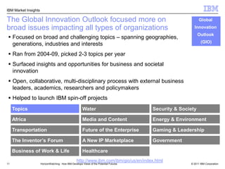 The Global Innovation Outlook focused more on broad issues impacting all types of organizationsGlobal Innovation Outlook (GIO)Focused on broad and challenging topics – spanning geographies, generations, industries and interestsRan from 2004-09, picked 2-3 topics per yearSurfaced insights and opportunities for business and societal innovationOpen, collaborative, multi-disciplinary process with external business leaders, academics, researchers and policymakersHelped to launch IBM spin-off projectshttp://www.ibm.com/ibm/gio/us/en/index.html11HorizonWatching:  How IBM Develops Views of the Potential Futures