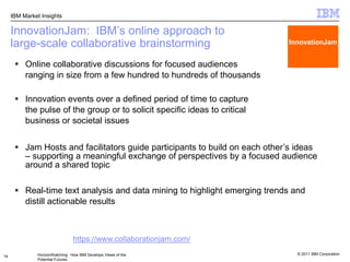14InnovationJam:  IBM’s online approach to large-scale collaborative brainstormingInnovationJamOnline collaborative discussions for focused audiences ranging in size from a few hundred to hundreds of thousands