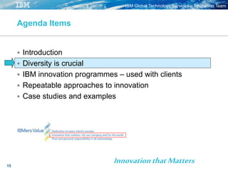 IBM Global Technology Services – Innovation Team
15
Agenda Items
 Introduction
 Diversity is crucial
 IBM innovation programmes – used with clients
 Repeatable approaches to innovation
 Case studies and examples
InnovationthatMatters
 